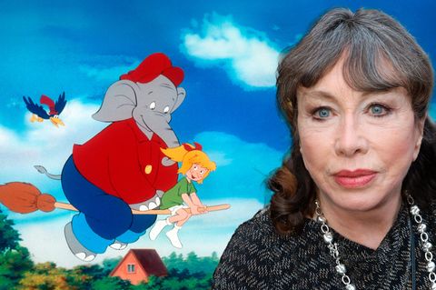 Bildkombination zeigt eine Illustration mit Benjamin Blümchen und Bibi Blocksberg, danebenihre Erfinderin Elfie Donnelly