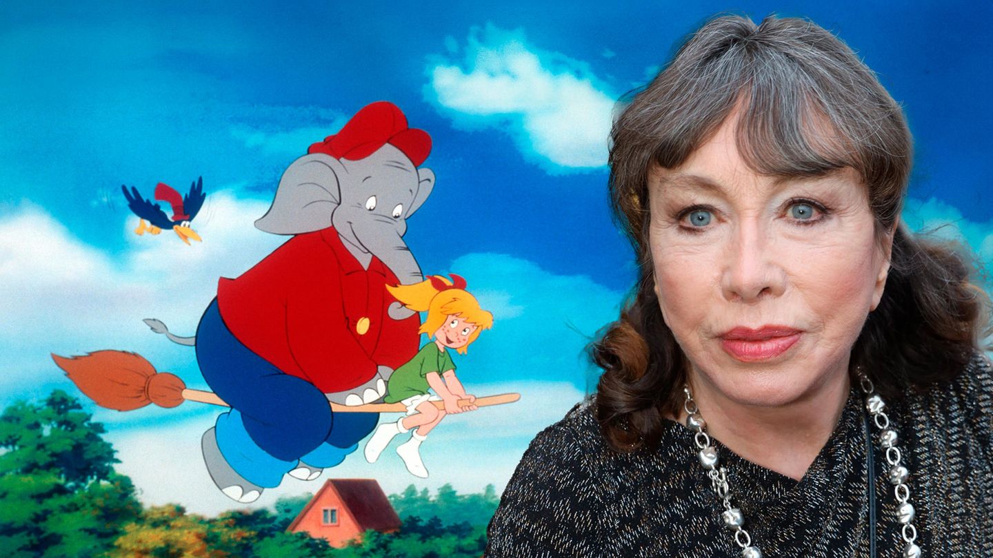 Blocksberg Elfie Donnelly Bildkombination zeigt eine Illustration mit Benjamin Blümchen und Bibi Blocksberg, danebenihre Erfinderin Elfie Donnelly