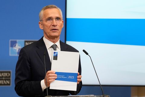 Jens Stoltenberg, Nato-Generalsekretär, präsentiert den Nato-Jahresbericht 2023