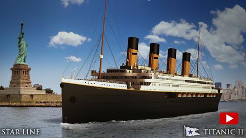 Ein animiertes Bild der Titanic vor der Freiheitsstatue in New York