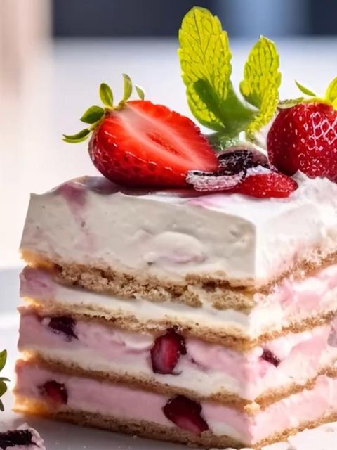 Erdbeeren liegen auf einem Erdbeerkuchen auf einem Teller