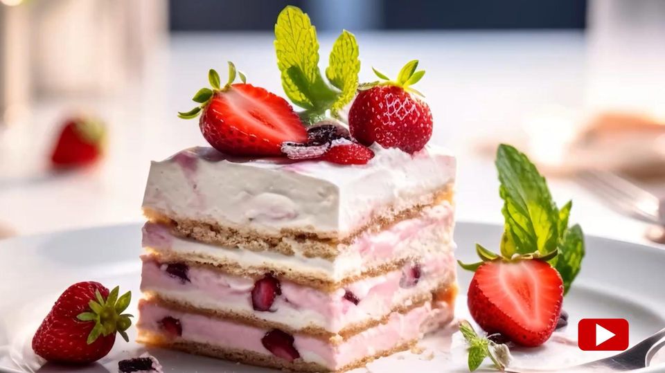 Leckeres Osterrezept ohne Backen: Der Erdbeer-Eisbox-Kuchen Erdbeeren liegen auf einem Erdbeerkuchen auf einem Teller