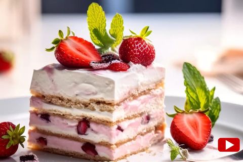 Erdbeeren liegen auf einem Erdbeerkuchen auf einem Teller