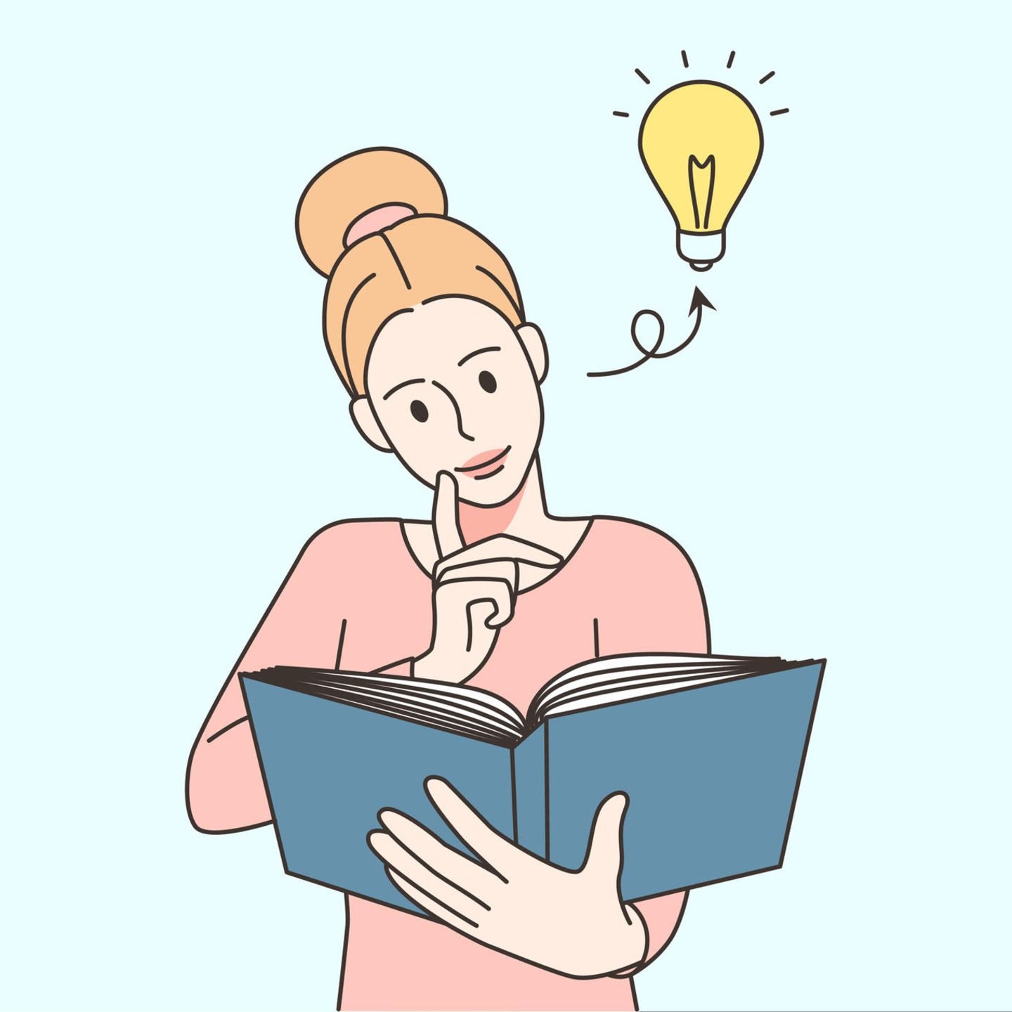 Illustration einer Frau, die ein Buch liest, während neben ihrem Kopf eine Glühbirne leuchtet