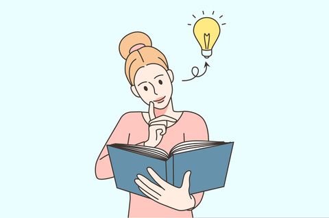 Illustration einer Frau, die ein Buch liest, während neben ihrem Kopf eine Glühbirne leuchtet