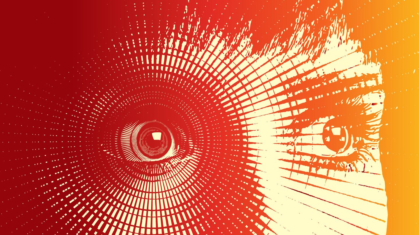 Grafische Illustration eines Frauengesichtes mit Fokus auf den Augen, in Rottönen gehalten Grafische Illustration eines Frauengesichtes mit Fokus auf den Augen, in Rottönen gehalten