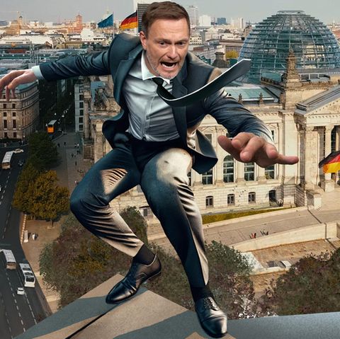 FDP-Vorsitzender Christian Lindner steht an Dachkante KI-generiert