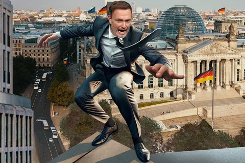 FDP-Vorsitzender Christian Lindner steht an Dachkante KI-generiert