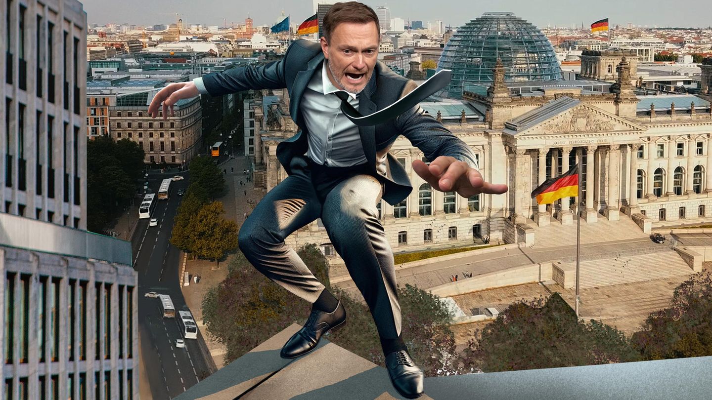 FDP-Vorsitzender Christian Lindner steht an Dachkante KI-generiert