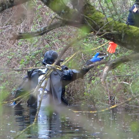 Ein Taucher der Polizei sucht in einem Gewässer nach der Leiche einer mutmaßlich getöteten Frau