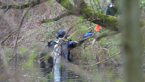 Ein Taucher der Polizei sucht in einem Gewässer nach der Leiche einer mutmaßlich getöteten Frau