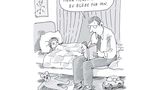 Karikatur eines Vaters, der seinem Kind eine Gutenachtgeschichte über den Rechtsstaat erzählt, für den Menschen zu blöde seien