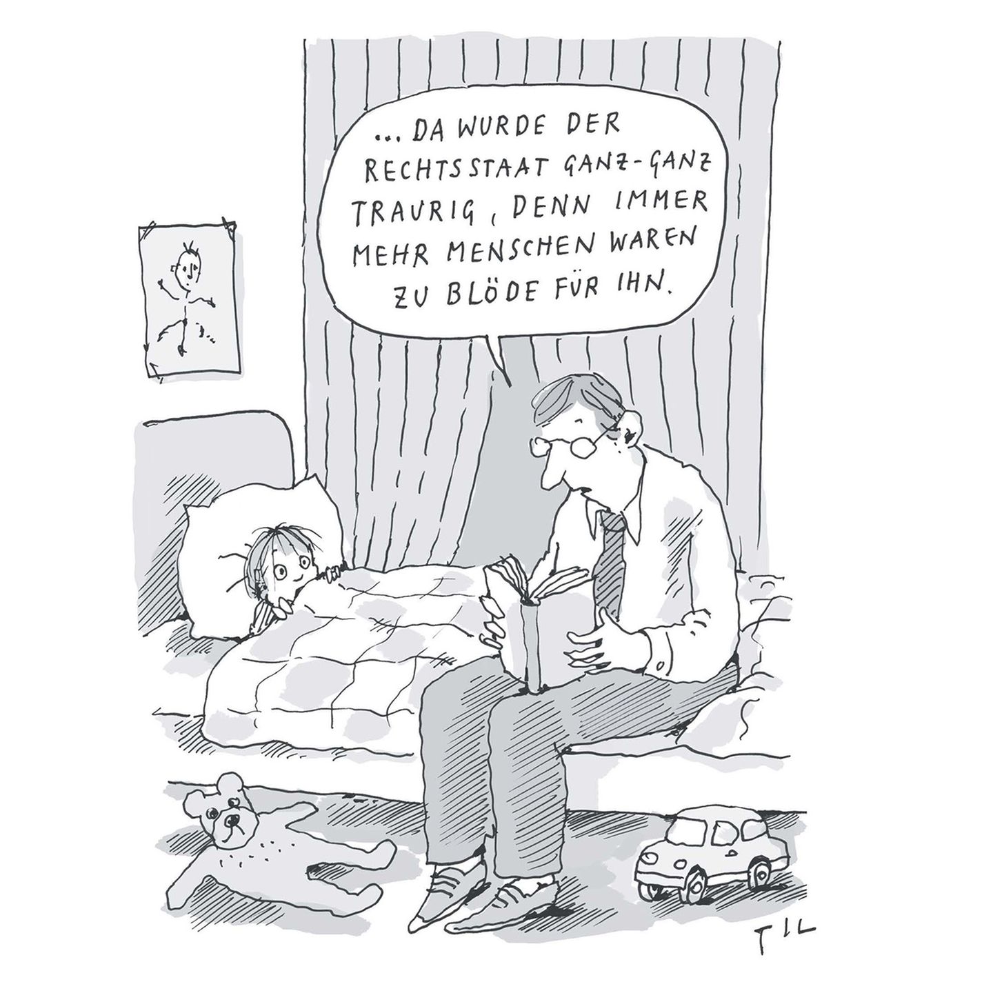 Karikatur eines Vaters, der seinem Kind eine Gutenachtgeschichte über den Rechtsstaat erzählt, für den Menschen zu blöde seien