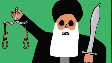 Karikatur eines iranischen Richters mit Schwert und zwei Stricken für Hinrichtungen