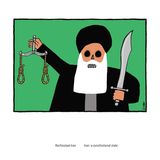 Karikatur eines iranischen Richters mit Schwert und zwei Stricken für Hinrichtungen