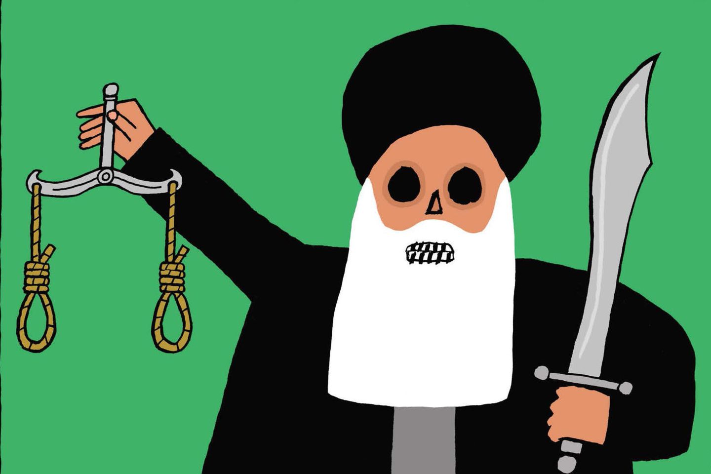 Karikatur eines iranischen Richters mit Schwert und zwei Stricken für Hinrichtungen