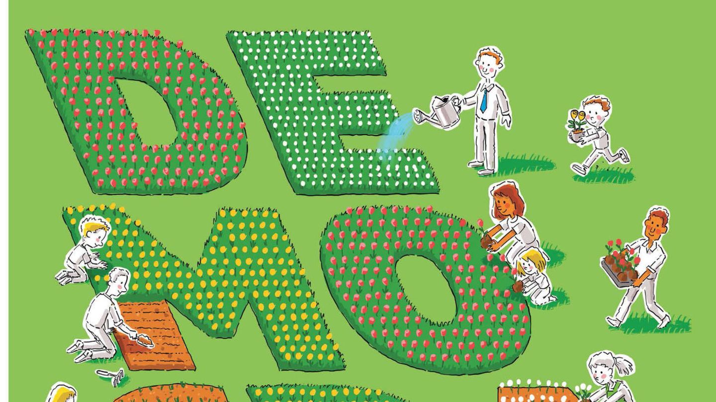 Karikatur eines Blumenbeetes in Form von Buchstaben, die das Wort Democracy bilden