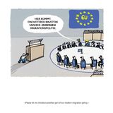 Karikatur Europäische Kommission, in der Mauern und Stacheldraht für Migrationspolitik stehen