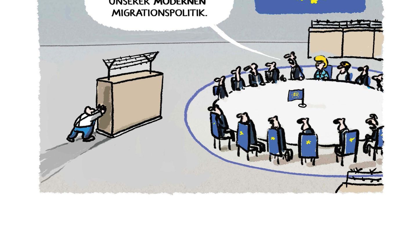 Karikatur Europäische Kommission, in der Mauern und Stacheldraht für Migrationspolitik stehen