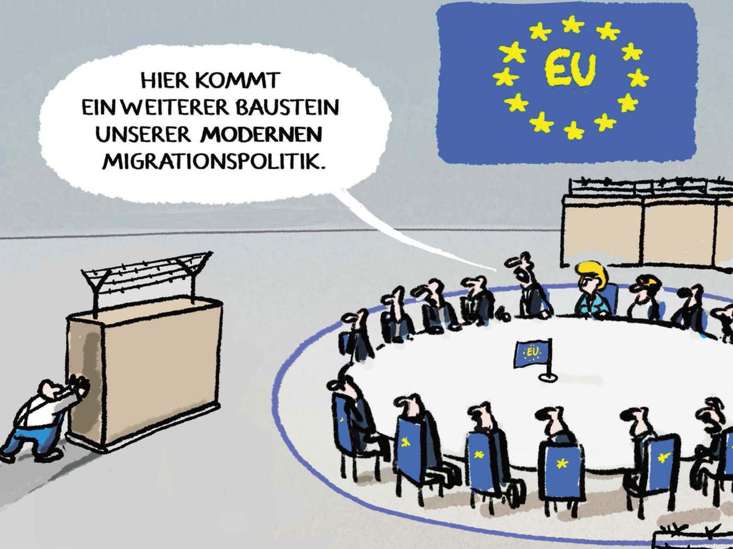 Karikatur Europäische Kommission, in der Mauern und Stacheldraht für Migrationspolitik stehen