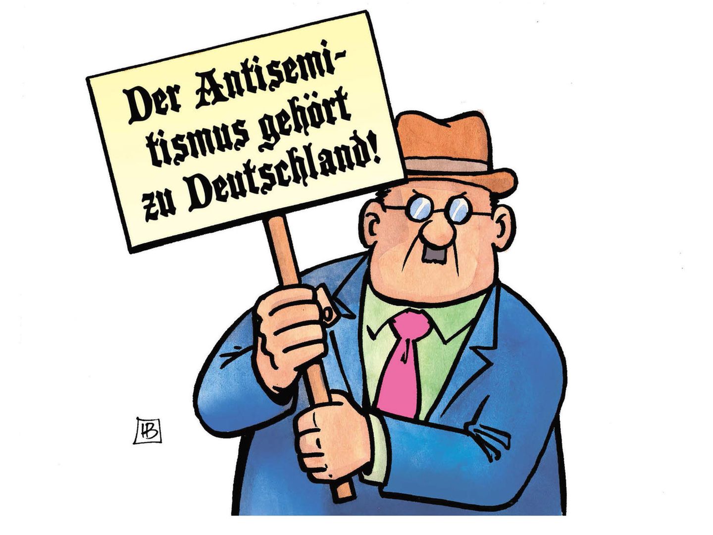 Karikatur eines Demonstranten, der meint, dass Antisemitismus zu Deutschland gehöre