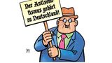 Karikatur eines Demonstranten, der meint, dass Antisemitismus zu Deutschland gehöre