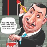 Cartoon zeigt Mann der ein Gefängnisgitter streicht Sprechblase: We had Told you that press freedom was our Red Line