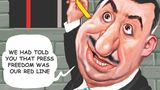 Cartoon zeigt Mann der ein Gefängnisgitter streicht Sprechblase: We had Told you that press freedom was our Red Line