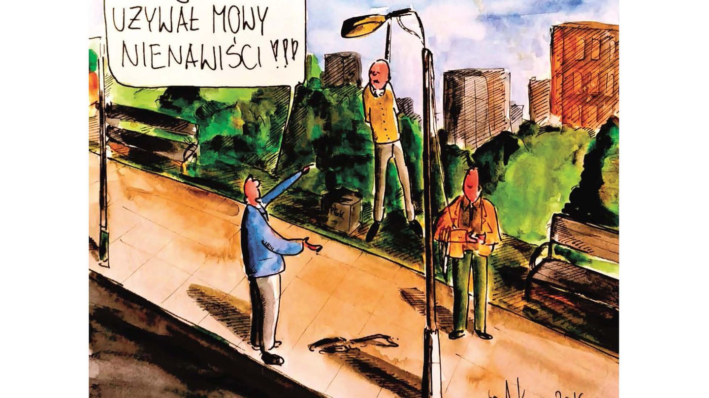 Karikatur eines gelynchten Menschen, der aufgefordert wird, keine Hassreden mehr zu verbreiten