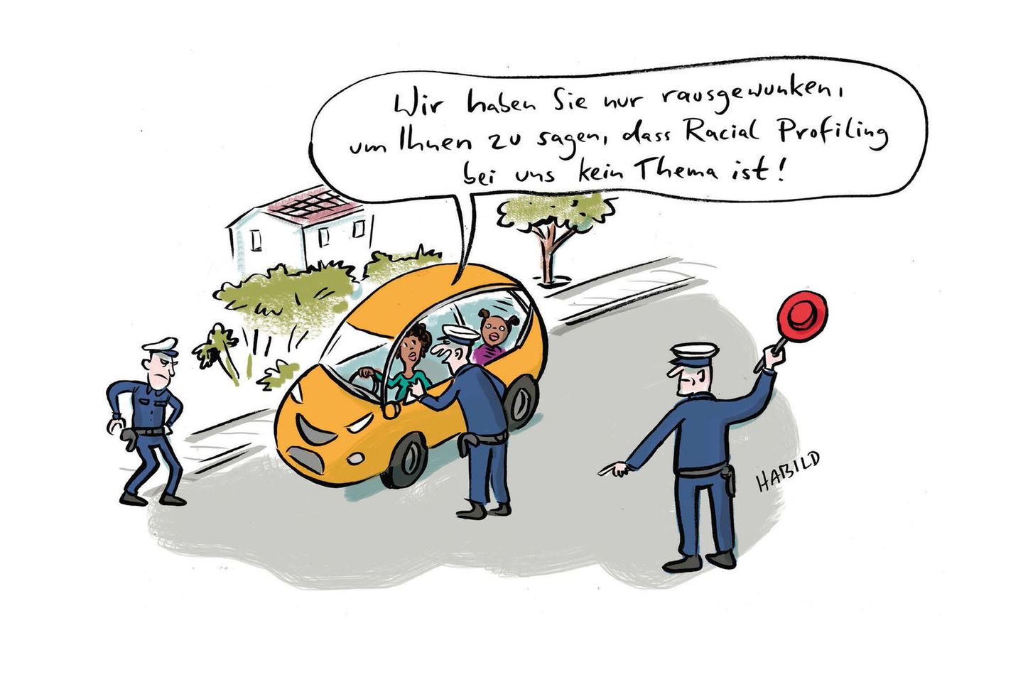 Karikatur dreier Polizisten, die ein Auto mit dunkelhäutigen Insassen anhalten