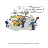 Karikatur dreier Polizisten, die ein Auto mit dunkelhäutigen Insassen anhalten