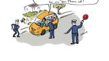 Karikatur dreier Polizisten, die ein Auto mit dunkelhäutigen Insassen anhalten