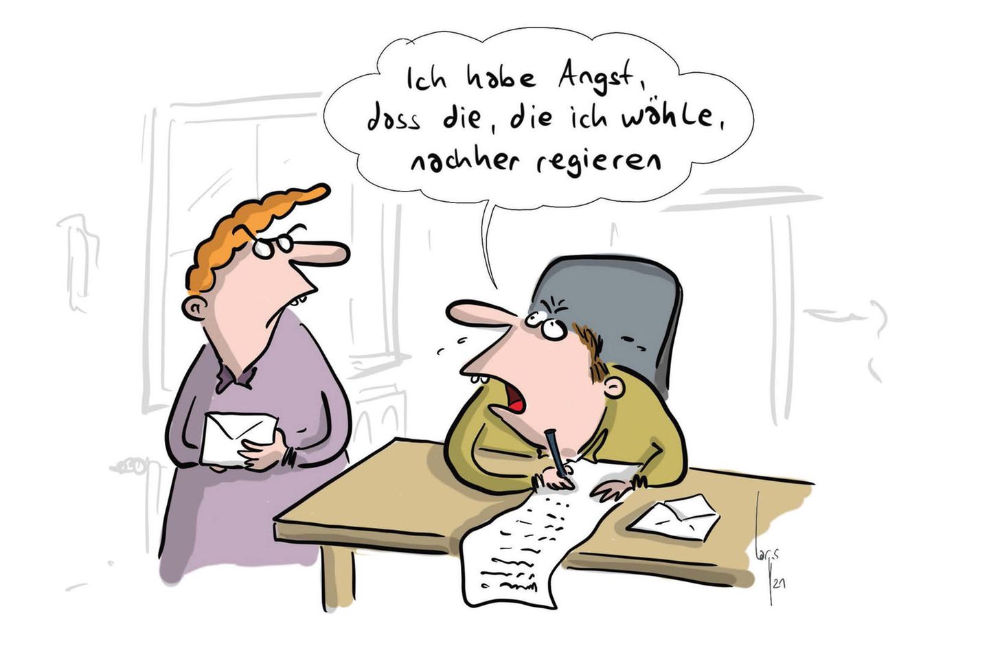 Karikatur eines Wählers, der fürchtet, dass seine Partei an die Macht kommt