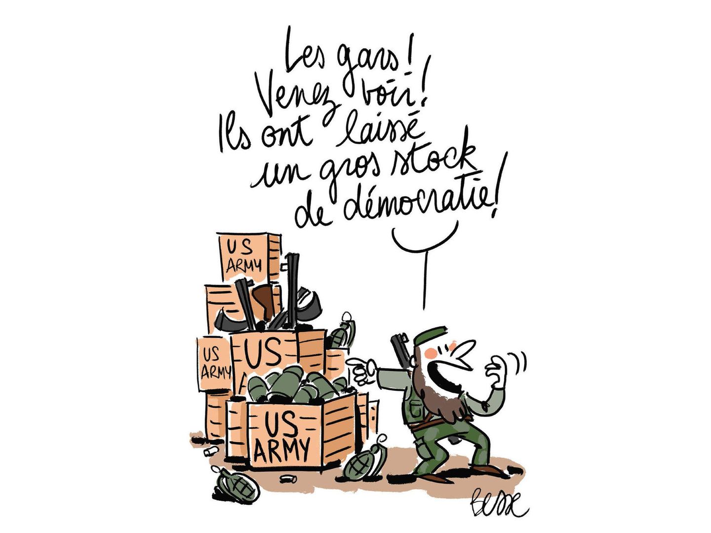 Cartoon eines Soldaten vor Munitionskisten