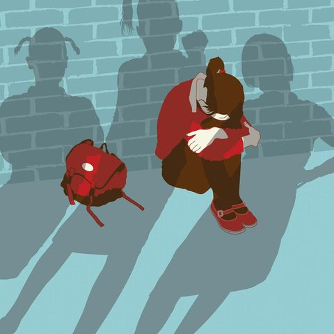 Aus dem Alltag von Lehrerin: Hier ist eine zusammengekauerte Schülerin zu sehen, davor bedrohliche Schatten