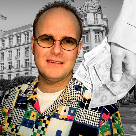 Collage zeigt Betrüger Jürgen Harksen, vor dem Atlantichotel in Hamburg rechts eine Hand mit Geld und links zwei rote Ferraris