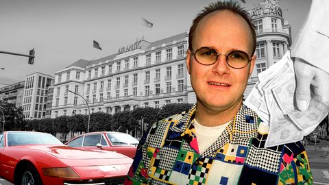 Collage zeigt Betrüger Jürgen Harksen, vor dem Atlantichotel in Hamburg rechts eine Hand mit Geld und links zwei rote Ferraris