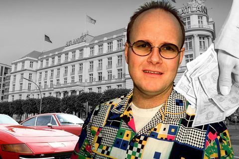 Collage zeigt Betrüger Jürgen Harksen, vor dem Atlantichotel in Hamburg rechts eine Hand mit Geld und links zwei rote Ferraris