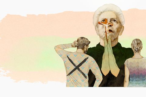 Illustration zeigt eine Ältere Dame mit einem Kreuz in den zum beten gefalteten Händen, vor ihr in Rückenansicht ein Paar