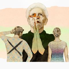 Illustration zeigt eine Ältere Dame mit einem Kreuz in den zum beten gefalteten Händen, vor ihr in Rückenansicht ein Paar