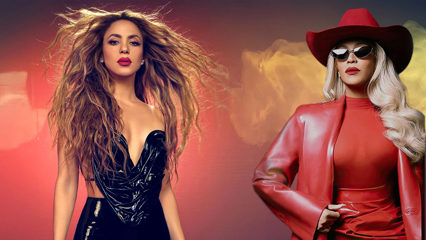 Shakrira und Beyonce vor einem roten Hintergrund mit Lensflares