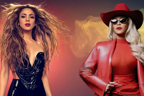 Shakrira und Beyonce vor einem roten Hintergrund mit Lensflares