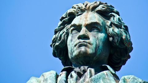 Der Kopf einer Beethoven-Statue aus Bronze ragt in den blauen Himmel.