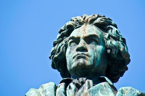 Der Kopf einer Beethoven-Statue aus Bronze ragt in den blauen Himmel.