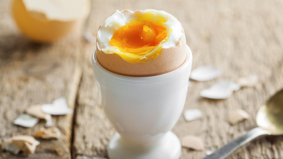 DGE über Eier: Ein weichgekochtes Ei steht in einem Eierbecher auf einem Holztisch