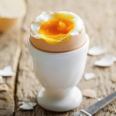 DGE über Eier: Ein weichgekochtes Ei steht in einem Eierbecher auf einem Holztisch