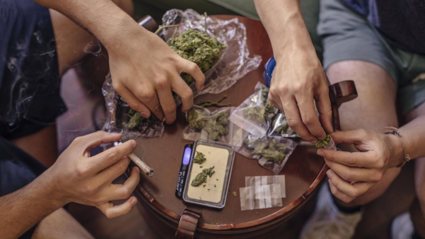 Cannabis-Legalisierung Zwei Männer wiegen Cannabis und verteilen es in Tüten