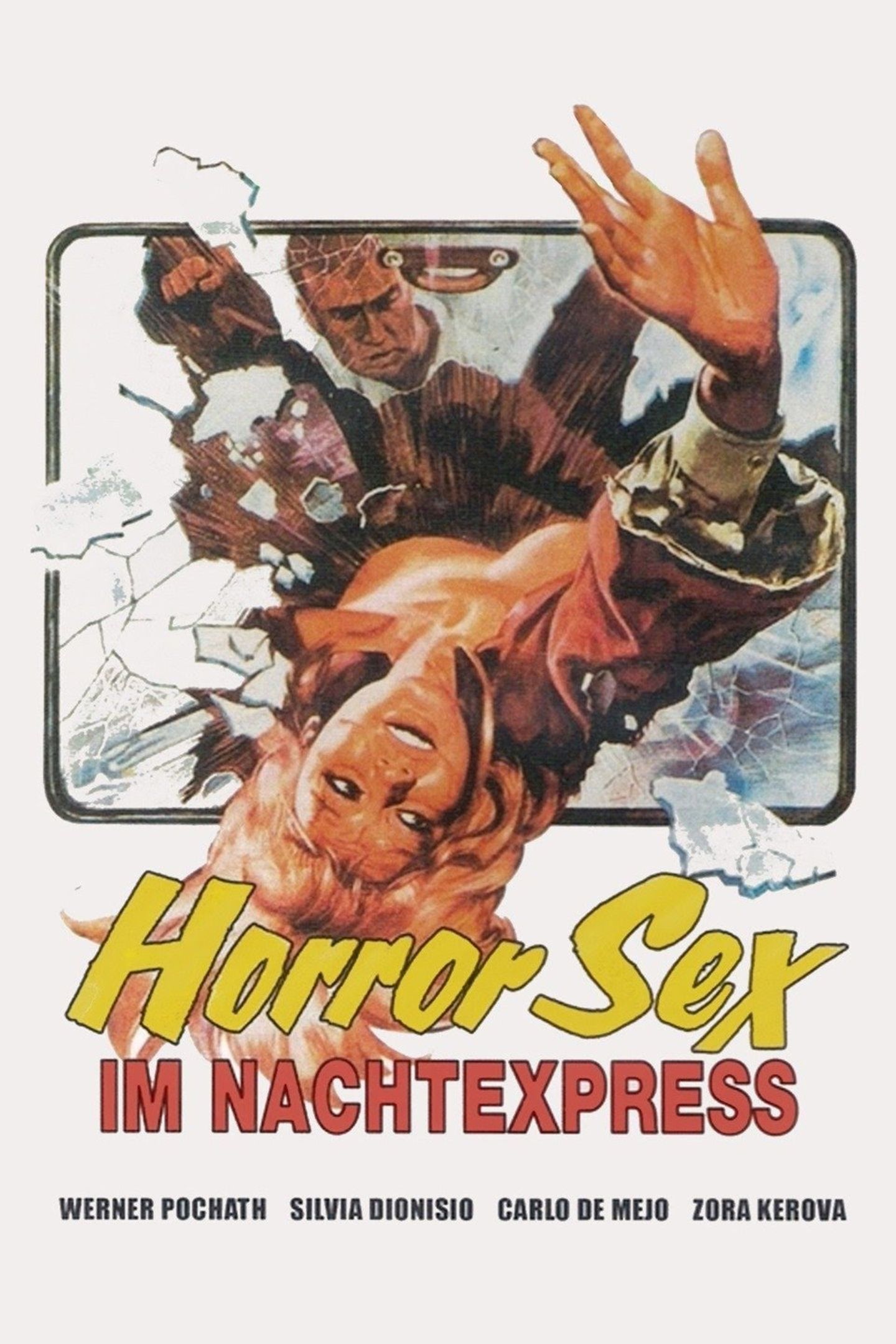 Filmplakat zu dem Film "Horrorsex im Nachtexpress" - eine junge Frau hängt aus einem zerbrochenen Wagonfenster.
