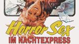 Filmplakat zu dem Film "Horrorsex im Nachtexpress" - eine junge Frau hängt aus einem zerbrochenen Wagonfenster.