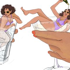 Illustration zeigt zwei Frauen die in verschiedenen Getränken Baden, Chamapgner und Mineralwasser